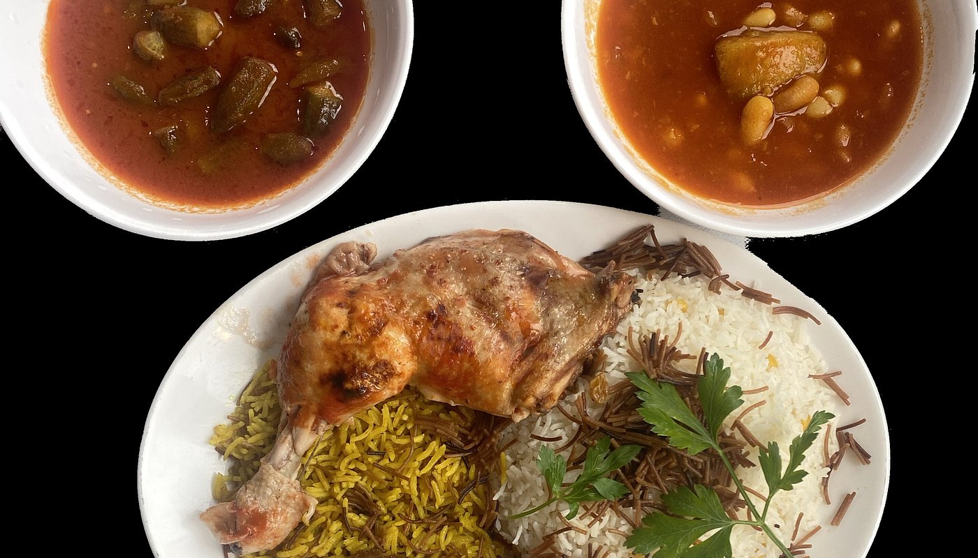 Rice dish with soups and grilled chicken